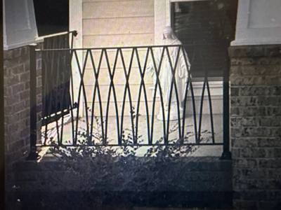 Black diamond-pattern railing beside a covered entrance landing