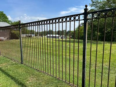 Black fence with circular top details bordering a green lawn