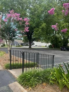 Black railing following a sloping front walk beside flowering trees
