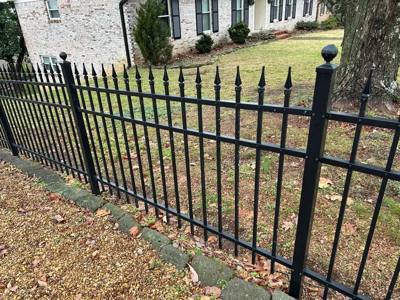 Black spear-top fence beside garden beds and a tree