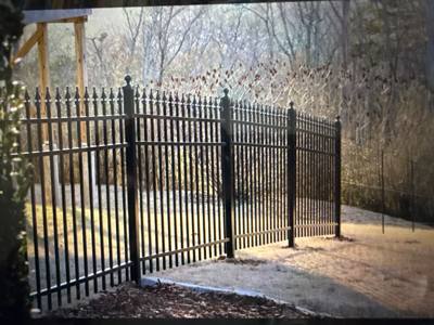 Black spear-top fence panels along a paved woodland edge