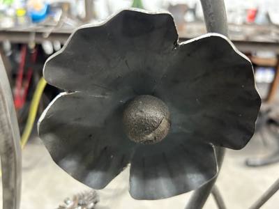 Close view of a sculpted flower with broad textured petals and a raised center
