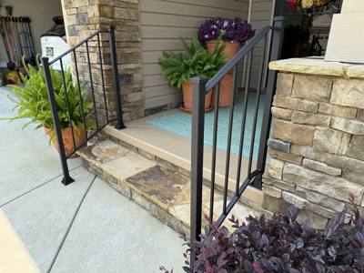 Simple black railings beside stone entrance steps and potted plants