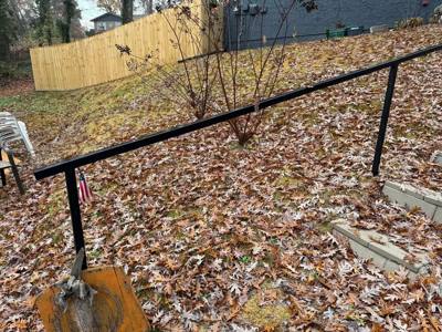 Single black handrail following a leaf-covered hillside path